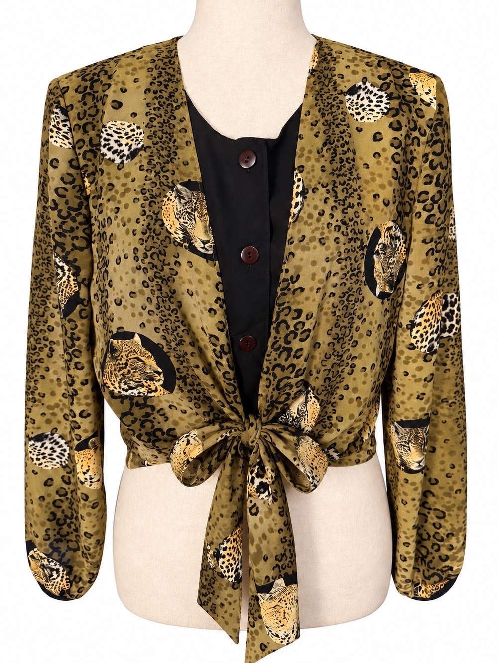 Vintage Leopard print illustrated leopard animal cameo tie front blouse- M